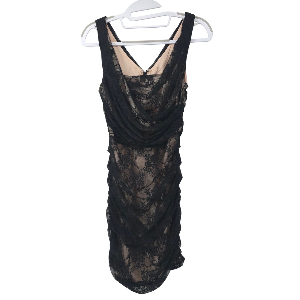 Express Black Lace Bodycon Ruched V Neck Knee Length Cocktail Dress Womens 2